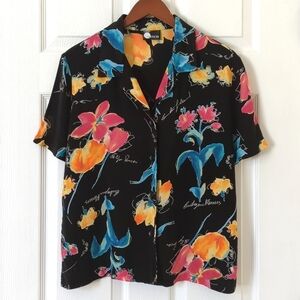 First Option 90's Vintage Colorful Floral Short Sleeve Button Down Top Black M
